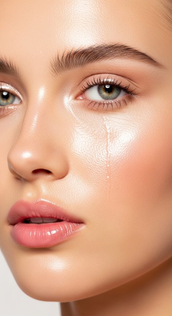 A stunning glamorous bimbocore makeup editorial featuring a beautiful woman with hyper-feminine Y2K inspired beauty including glossy pink lips, glitter eyeshadow, heavy blush, and dewy glowing skin, showcasing 15 bimbocore makeup ideas as the ultimate guide to mastering the hyper-feminine beauty trend.