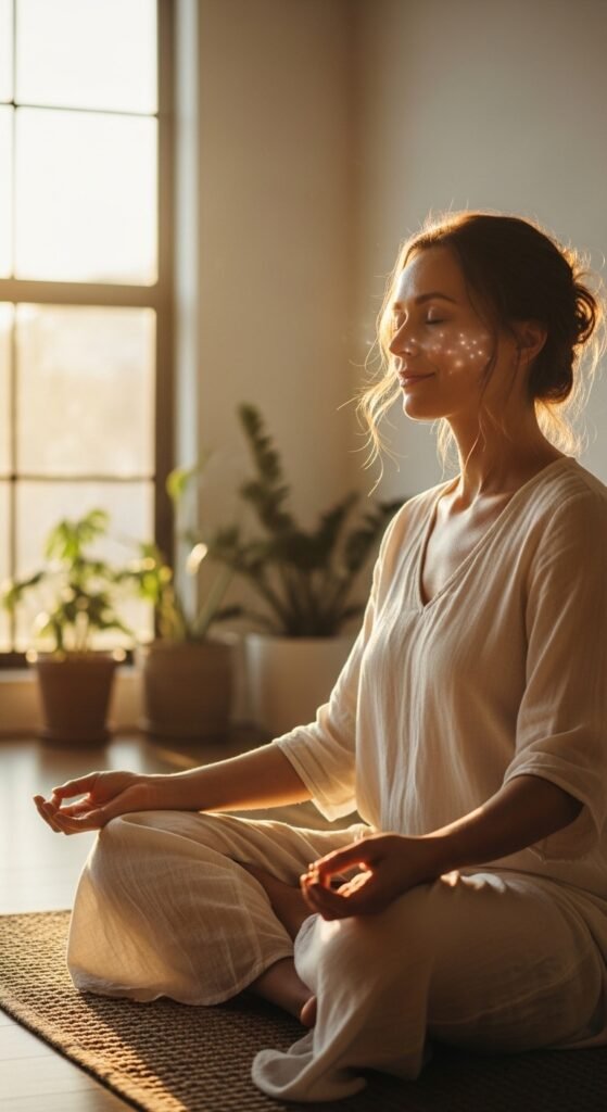 A breathtaking ethereal beauty editorial featuring a stunning woman with luminous glass skin, moonlit shimmer eyeshadow, feathery wispy lashes, softly stained lips, and iridescent hair surrounded by white flowers and crystals, showcasing 15 ethereal beauty ideas to transform your look into breathtaking dreamlike art.