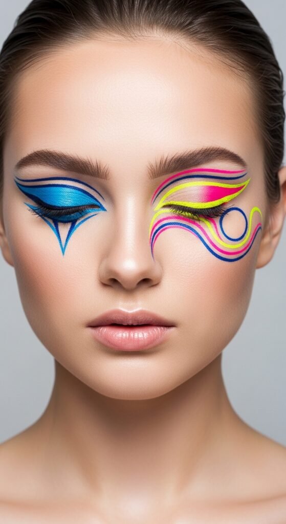 A stunning no mascara makeup editorial featuring a beautiful woman with flawless glowing skin, bold defined brows, colorful graphic liner, glossy lips, and radiant blush all achieved without mascara, showcasing 15 no mascara makeup ideas that prove bare lashes can be absolutely beautiful.