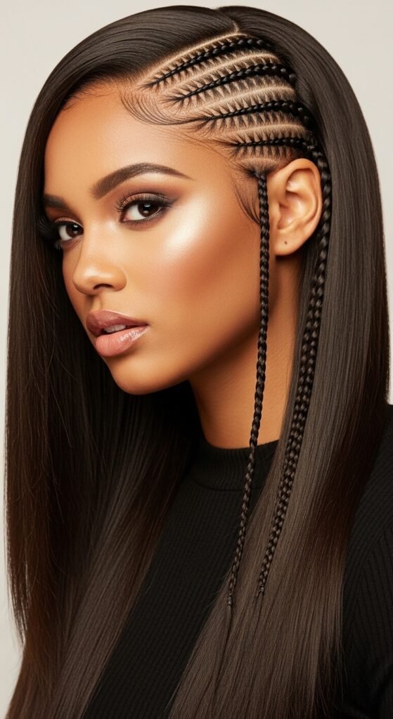 A stunning beauty editorial featuring a gorgeous woman with a flawless sleek straight quick weave hairstyle with perfect shine and movement, showcasing 20 straight quick weave hairstyles ideas for achieving instant glamour and salon-quality results at home.