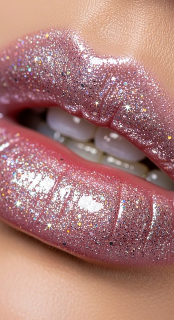 A stunning glamorous McBling makeup editorial featuring a beautiful woman with full Y2K inspired beauty including frosty eyeshadow, metallic foiled lids, glossy lips, shimmery blush, face gems, and chunky highlights, showcasing 18 McBling makeup ideas as a complete guide to mastering the most iconic Y2K makeup trends.