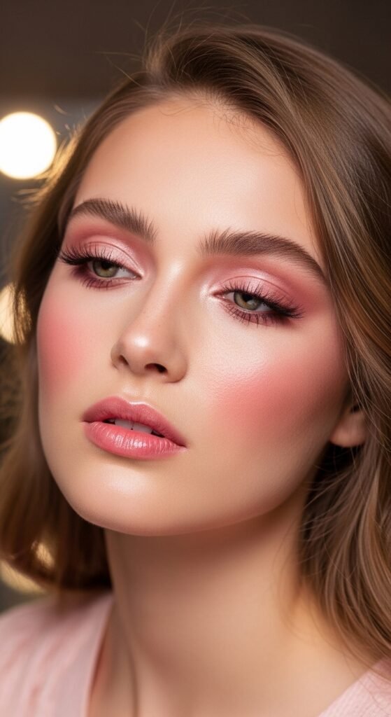 A breathtaking glamour makeup looks editorial featuring a stunning woman with dramatic smokey eyes, bold red lips, blinding highlighter, jewel-toned eyeshadow, and flawless skin surrounded by luxury makeup products, showcasing 17 glamour makeup looks ideas as the ultimate guide to achieving stunning and unforgettable beauty.