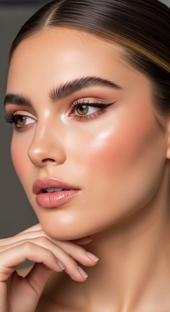 A breathtaking glam makeup look editorial featuring a stunning woman with dramatic smokey eyes, blinding highlighter, bold lips, graphic liner, and flawless skin surrounded by luxury makeup products on black marble, showcasing 15 glam makeup look ideas to elevate your beauty routine to the next level.