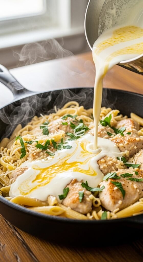 A breathtaking garlic butter chicken pasta editorial featuring a stunning bowl of golden seared chicken over perfectly cooked fettuccine in a rich glossy garlic butter cream sauce topped with freshly grated parmesan and fresh parsley, showcasing the ultimate comfort food guide to making the most delicious garlic butter chicken pasta at home.