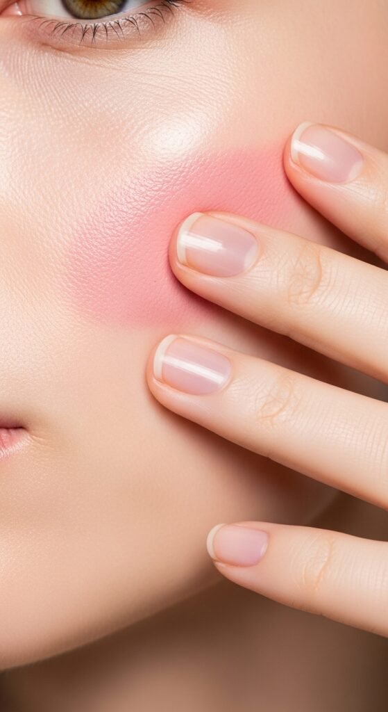 A breathtaking simple natural makeup editorial featuring a beautiful woman with effortlessly glowing dewy skin, groomed feathery brows, soft cream blush, bitten lip stain, and inner corner highlight surrounded by minimal beauty products on white marble, showcasing 20 simple makeup natural ideas as the ultimate guide to achieving effortless everyday beauty.