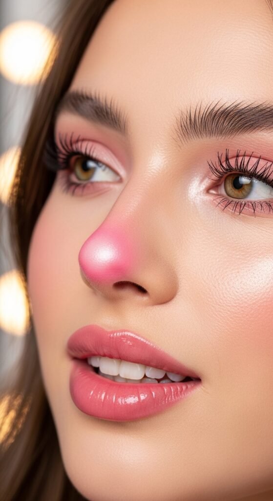 A stunning glamorous bimbocore makeup editorial featuring a beautiful woman with hyper-feminine Y2K inspired beauty including glossy pink lips, glitter eyeshadow, heavy blush, and dewy glowing skin, showcasing 15 bimbocore makeup ideas as the ultimate guide to mastering the hyper-feminine beauty trend.