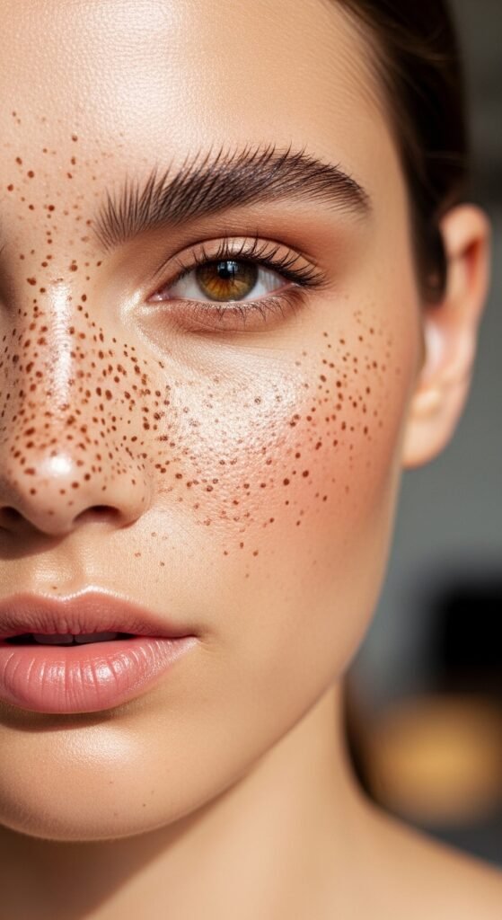 A stunning everyday makeup routine editorial featuring a beautiful woman with effortless natural beauty including glowing dewy skin, soft brows, subtle eye makeup, and flushed blush surrounded by essential makeup products on a white marble vanity, showcasing 18 everyday makeup routine ideas as the ultimate guide to achieving effortless beauty.