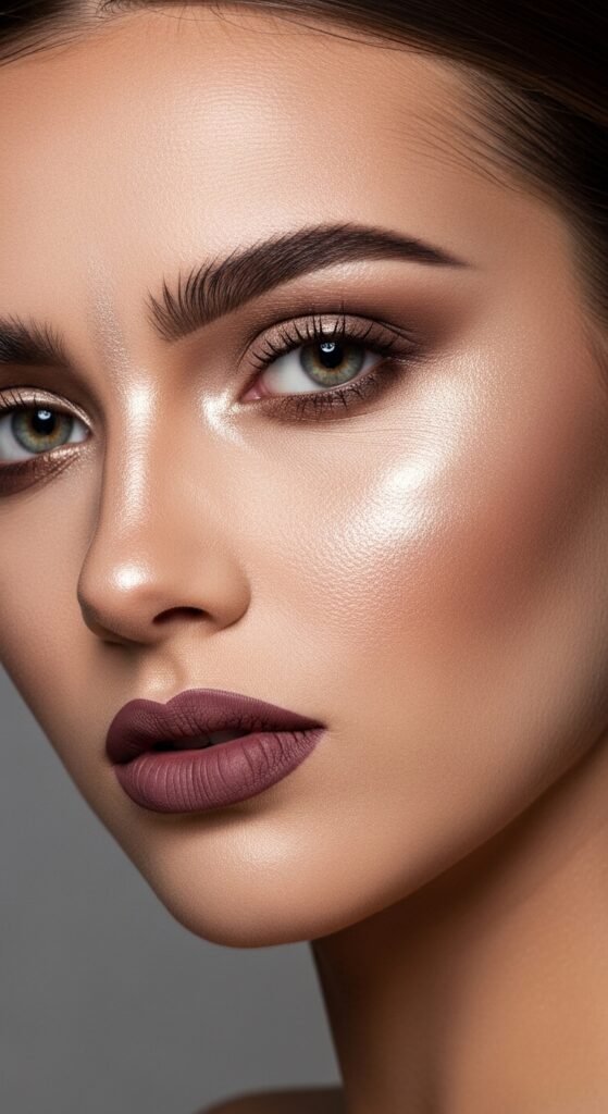A stunning matte makeup editorial featuring a beautiful woman with a perfectly flawless velvety complexion, soft matte foundation, powdery blush, matte smokey eyes, and blurred matte lip surrounded by elegant matte beauty products, showcasing 15 matte makeup ideas for achieving a flawless and velvety complexion.
