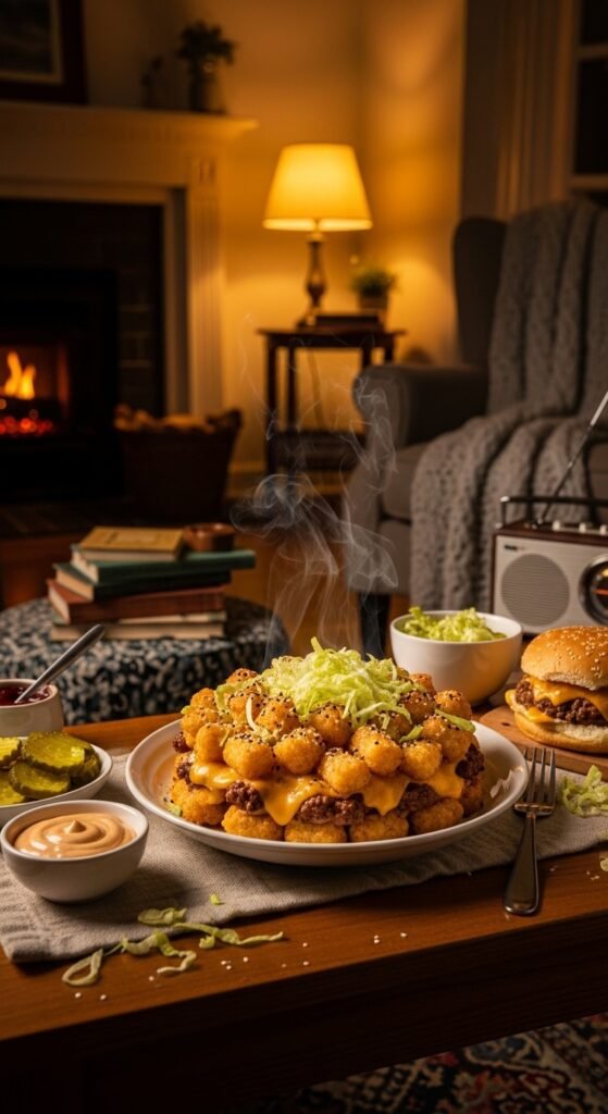 A breathtaking Big Mac tater tot casserole editorial featuring a golden bubbling casserole dish topped with crispy tater tots, melted cheddar cheese, fresh lettuce, diced tomatoes, pickles, and special sauce drizzle on a rustic wooden table, showcasing the ultimate guide to this irresistible comfort food mashup made in heaven.