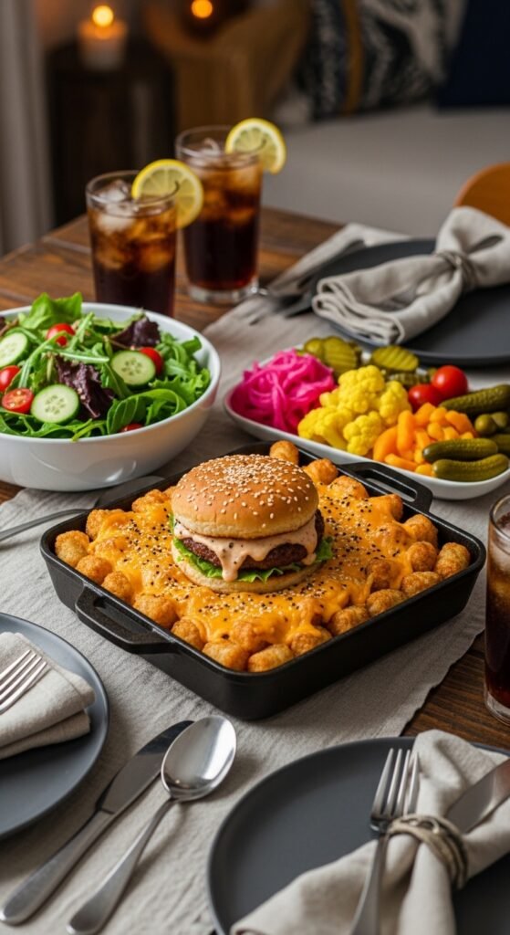 A breathtaking Big Mac tater tot casserole editorial featuring a golden bubbling casserole dish topped with crispy tater tots, melted cheddar cheese, fresh lettuce, diced tomatoes, pickles, and special sauce drizzle on a rustic wooden table, showcasing the ultimate guide to this irresistible comfort food mashup made in heaven.