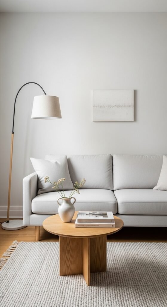 A beautifully designed and maximized small living room featuring multi-functional furniture, large mirrors, high curtains, vertical storage, and a neutral color palette, showcasing 20 small living room decor ideas to help you maximize space and create a stylish and functional home.