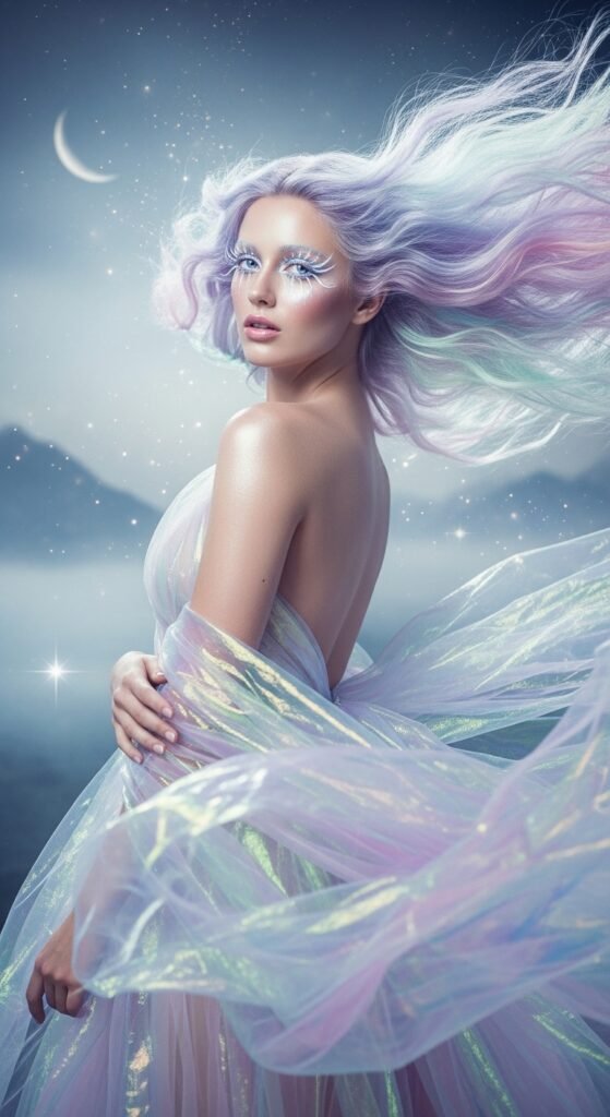 A breathtaking ethereal beauty editorial featuring a stunning woman with luminous glass skin, moonlit shimmer eyeshadow, feathery wispy lashes, softly stained lips, and iridescent hair surrounded by white flowers and crystals, showcasing 15 ethereal beauty ideas to transform your look into breathtaking dreamlike art.