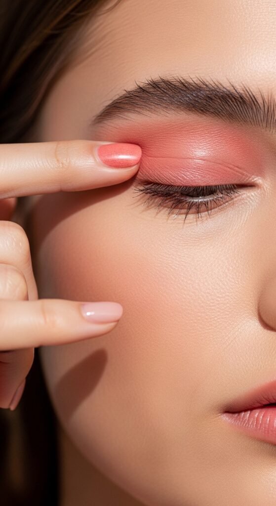A breathtaking simple natural makeup editorial featuring a beautiful woman with effortlessly glowing dewy skin, groomed feathery brows, soft cream blush, bitten lip stain, and inner corner highlight surrounded by minimal beauty products on white marble, showcasing 20 simple makeup natural ideas as the ultimate guide to achieving effortless everyday beauty.