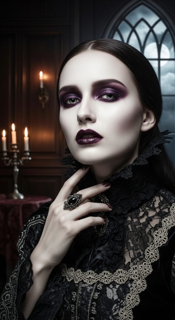 A breathtaking pale skin makeup editorial featuring a stunning fair-skinned woman with flawless porcelain complexion, soft rosy blush, ethereal highlight, subtle smokey eyes, and bold red lip surrounded by elegant makeup products on white marble, showcasing 20 pale skin makeup ideas as a complete guide to achieving flawless and radiant looks.