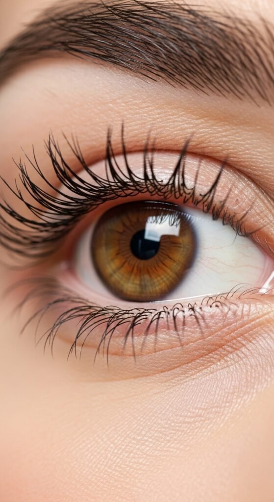 A stunning no mascara makeup editorial featuring a beautiful woman with flawless glowing skin, bold defined brows, colorful graphic liner, glossy lips, and radiant blush all achieved without mascara, showcasing 15 no mascara makeup ideas that prove bare lashes can be absolutely beautiful.