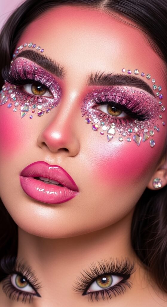 A stunning glamorous bimbocore makeup editorial featuring a beautiful woman with hyper-feminine Y2K inspired beauty including glossy pink lips, glitter eyeshadow, heavy blush, and dewy glowing skin, showcasing 15 bimbocore makeup ideas as the ultimate guide to mastering the hyper-feminine beauty trend.