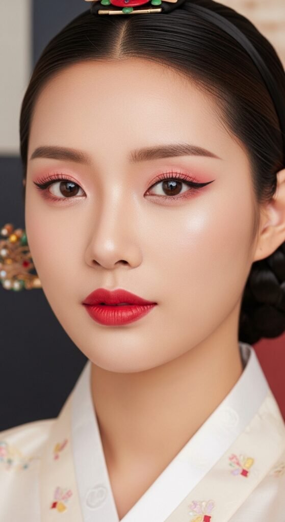 A breathtaking Korean makeup look editorial featuring a beautiful woman with flawless dewy glass skin, soft gradient lips, straight brows, puppy liner, and luminous K-beauty glow surrounded by elegant Korean beauty products, showcasing 20 Korean makeup look ideas as the ultimate guide to achieving the coveted K-beauty glow.