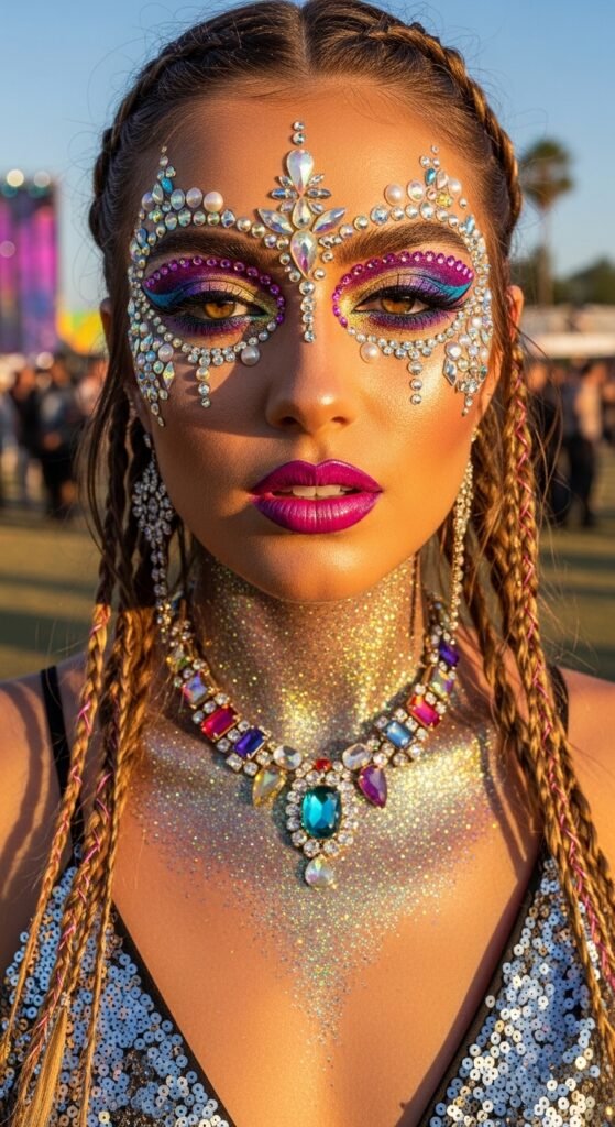 A breathtaking glam makeup look editorial featuring a stunning woman with dramatic smokey eyes, blinding highlighter, bold lips, graphic liner, and flawless skin surrounded by luxury makeup products on black marble, showcasing 15 glam makeup look ideas to elevate your beauty routine to the next level.