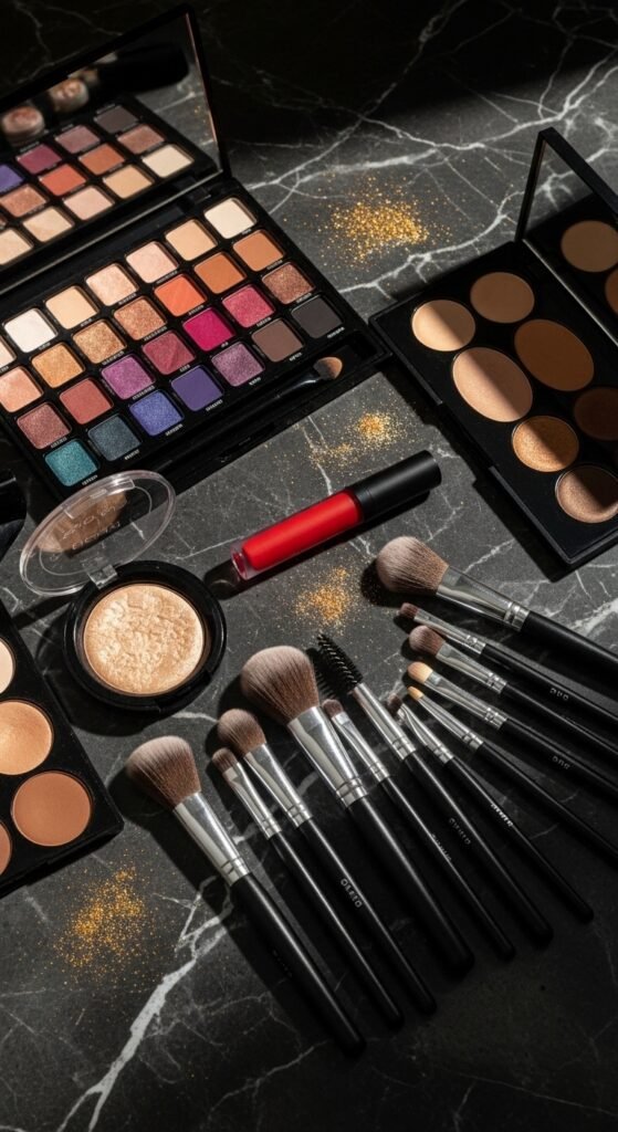 A breathtaking glam makeup look editorial featuring a stunning woman with dramatic smokey eyes, blinding highlighter, bold lips, graphic liner, and flawless skin surrounded by luxury makeup products on black marble, showcasing 15 glam makeup look ideas to elevate your beauty routine to the next level.