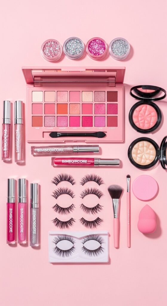 A stunning glamorous bimbocore makeup editorial featuring a beautiful woman with hyper-feminine Y2K inspired beauty including glossy pink lips, glitter eyeshadow, heavy blush, and dewy glowing skin, showcasing 15 bimbocore makeup ideas as the ultimate guide to mastering the hyper-feminine beauty trend.