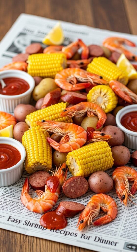A breathtaking easy shrimp recipes for dinner editorial featuring a stunning spread of golden shrimp dishes including garlic butter shrimp, lemon scampi, shrimp tacos, Cajun shrimp, and Greek shrimp with feta beautifully styled on a rustic wooden table with fresh lemon and herbs, showcasing the ultimate guide to fast fancy and foolproof easy shrimp recipes for dinner.