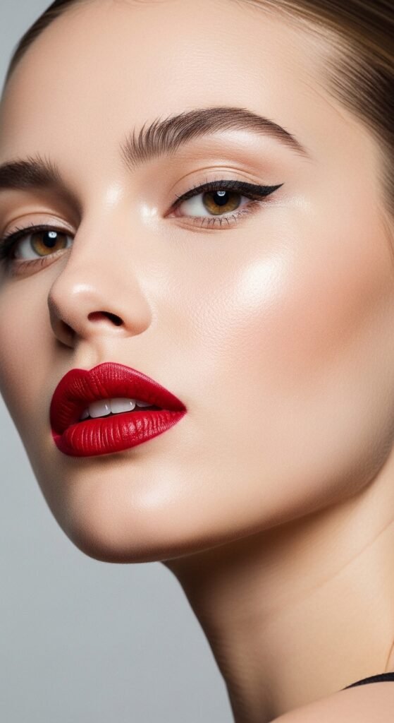 A breathtaking glamour makeup looks editorial featuring a stunning woman with dramatic smokey eyes, bold red lips, blinding highlighter, jewel-toned eyeshadow, and flawless skin surrounded by luxury makeup products, showcasing 17 glamour makeup looks ideas as the ultimate guide to achieving stunning and unforgettable beauty.