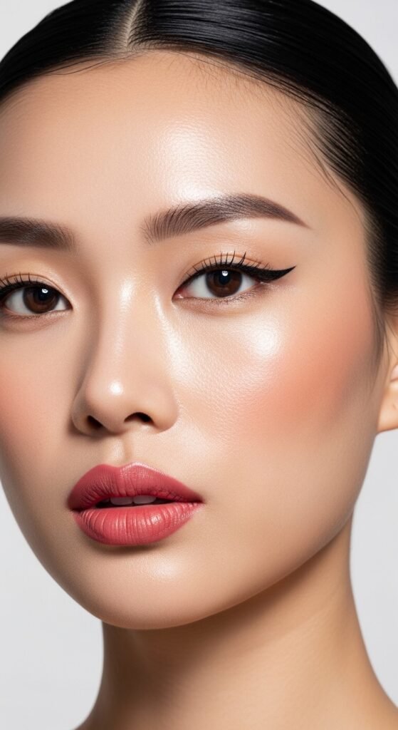 A breathtaking Korean makeup look editorial featuring a beautiful woman with flawless dewy glass skin, soft gradient lips, straight brows, puppy liner, and luminous K-beauty glow surrounded by elegant Korean beauty products, showcasing 20 Korean makeup look ideas as the ultimate guide to achieving the coveted K-beauty glow.