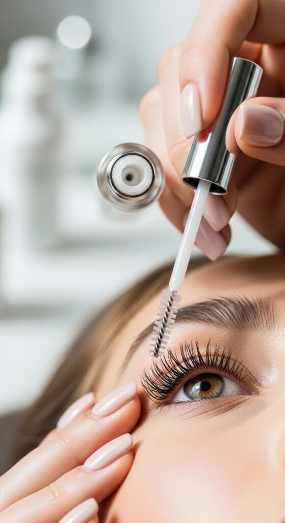 A stunning no mascara makeup editorial featuring a beautiful woman with flawless glowing skin, bold defined brows, colorful graphic liner, glossy lips, and radiant blush all achieved without mascara, showcasing 15 no mascara makeup ideas that prove bare lashes can be absolutely beautiful.