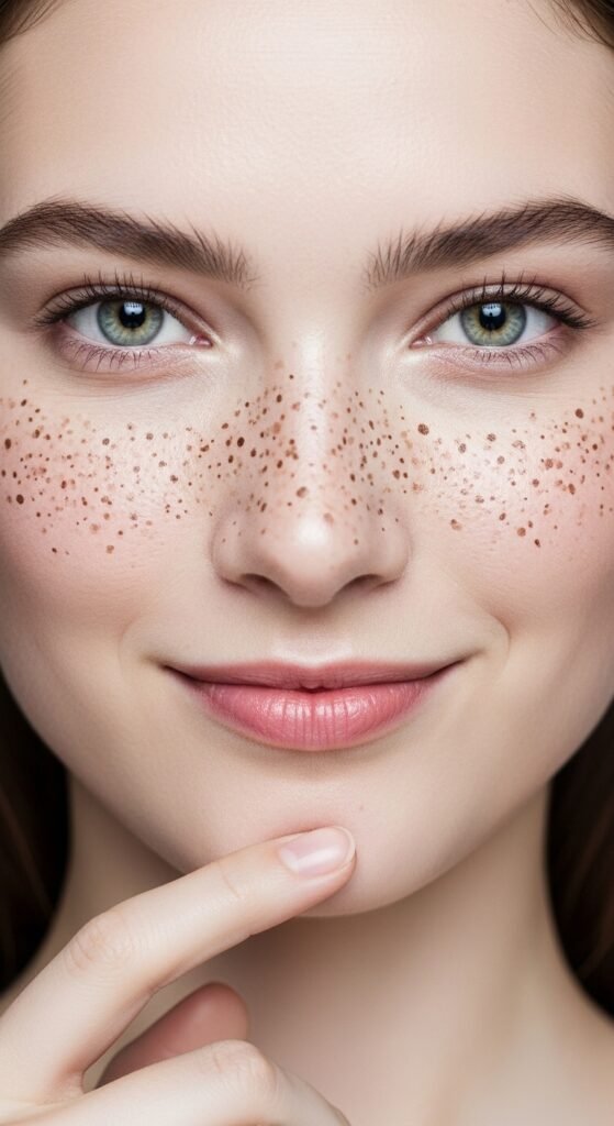 A breathtaking pale skin makeup editorial featuring a stunning fair-skinned woman with flawless porcelain complexion, soft rosy blush, ethereal highlight, subtle smokey eyes, and bold red lip surrounded by elegant makeup products on white marble, showcasing 20 pale skin makeup ideas as a complete guide to achieving flawless and radiant looks.