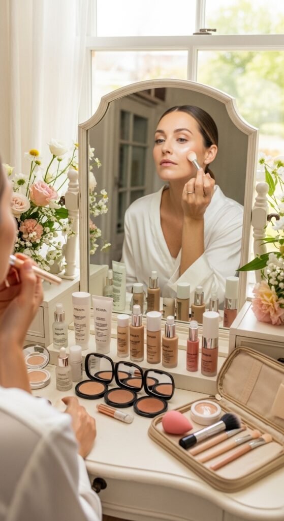 A breathtaking natural bridal makeup editorial featuring a beautiful bride with effortless glowing skin, soft dewy complexion, rosy blush, defined brows, and barely-there shimmer surrounded by elegant bridal beauty products and fresh white flowers, showcasing 16 natural bridal makeup ideas for 2026 as the ultimate guide to effortless bridal beauty.