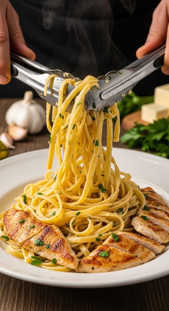 A breathtaking garlic butter chicken pasta editorial featuring a stunning bowl of golden seared chicken over perfectly cooked fettuccine in a rich glossy garlic butter cream sauce topped with freshly grated parmesan and fresh parsley, showcasing the ultimate comfort food guide to making the most delicious garlic butter chicken pasta at home.