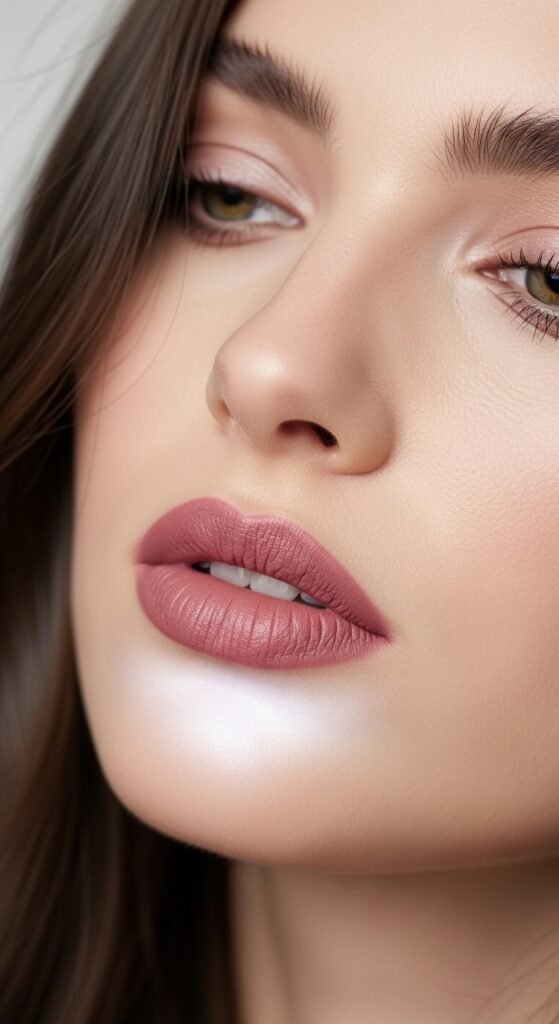 A breathtaking pale brunette makeup editorial featuring a beautiful fair-skinned brunette woman with flawless porcelain complexion, soft rosy blush, taupe smokey eyes, berry lips, and lavender highlighter surrounded by elegant makeup products, showcasing 20 pale brunette makeup ideas to help you embrace your unique beauty with confidence.