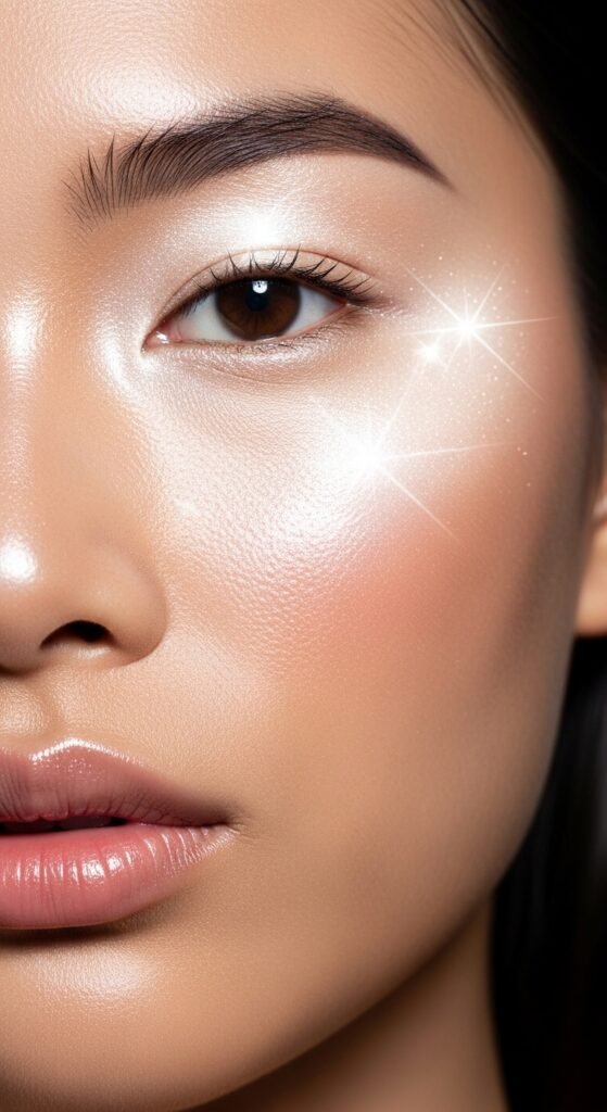 A breathtaking Korean makeup look editorial featuring a beautiful woman with flawless dewy glass skin, soft gradient lips, straight brows, puppy liner, and luminous K-beauty glow surrounded by elegant Korean beauty products, showcasing 20 Korean makeup look ideas as the ultimate guide to achieving the coveted K-beauty glow.