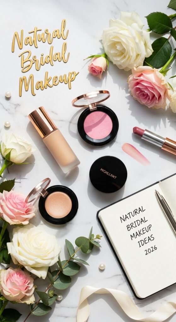 A breathtaking natural bridal makeup editorial featuring a beautiful bride with effortless glowing skin, soft dewy complexion, rosy blush, defined brows, and barely-there shimmer surrounded by elegant bridal beauty products and fresh white flowers, showcasing 16 natural bridal makeup ideas for 2026 as the ultimate guide to effortless bridal beauty.