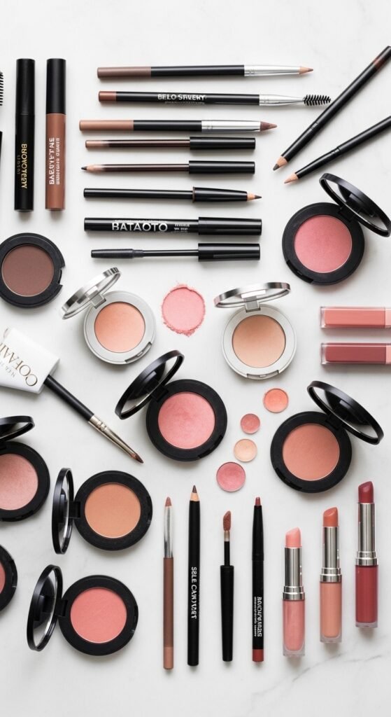 A stunning no mascara makeup editorial featuring a beautiful woman with flawless glowing skin, bold defined brows, colorful graphic liner, glossy lips, and radiant blush all achieved without mascara, showcasing 15 no mascara makeup ideas that prove bare lashes can be absolutely beautiful.