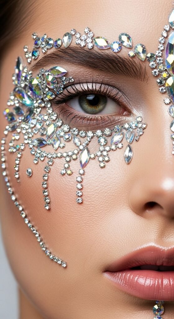 A stunning glamorous McBling makeup editorial featuring a beautiful woman with full Y2K inspired beauty including frosty eyeshadow, metallic foiled lids, glossy lips, shimmery blush, face gems, and chunky highlights, showcasing 18 McBling makeup ideas as a complete guide to mastering the most iconic Y2K makeup trends.