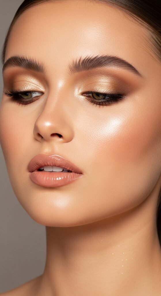 A breathtaking glamour makeup looks editorial featuring a stunning woman with dramatic smokey eyes, bold red lips, blinding highlighter, jewel-toned eyeshadow, and flawless skin surrounded by luxury makeup products, showcasing 17 glamour makeup looks ideas as the ultimate guide to achieving stunning and unforgettable beauty.