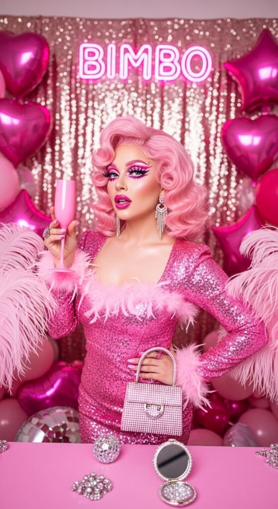 A stunning glamorous bimbocore makeup editorial featuring a beautiful woman with hyper-feminine Y2K inspired beauty including glossy pink lips, glitter eyeshadow, heavy blush, and dewy glowing skin, showcasing 15 bimbocore makeup ideas as the ultimate guide to mastering the hyper-feminine beauty trend.