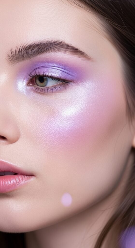 A breathtaking pale brunette makeup editorial featuring a beautiful fair-skinned brunette woman with flawless porcelain complexion, soft rosy blush, taupe smokey eyes, berry lips, and lavender highlighter surrounded by elegant makeup products, showcasing 20 pale brunette makeup ideas to help you embrace your unique beauty with confidence.