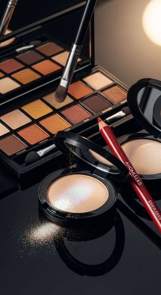 A breathtaking glam makeup look editorial featuring a stunning woman with dramatic smokey eyes, blinding highlighter, bold lips, graphic liner, and flawless skin surrounded by luxury makeup products on black marble, showcasing 15 glam makeup look ideas to elevate your beauty routine to the next level.