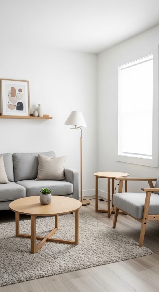 A beautifully designed and maximized small living room featuring multi-functional furniture, large mirrors, high curtains, vertical storage, and a neutral color palette, showcasing 20 small living room decor ideas to help you maximize space and create a stylish and functional home.