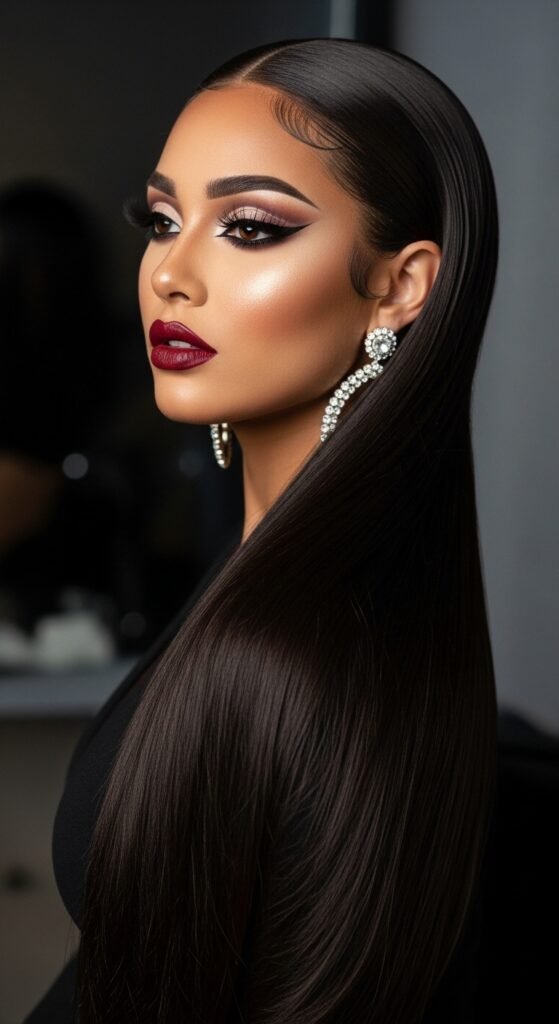 A stunning beauty editorial featuring a gorgeous woman with a flawless sleek straight quick weave hairstyle with perfect shine and movement, showcasing 20 straight quick weave hairstyles ideas for achieving instant glamour and salon-quality results at home.
