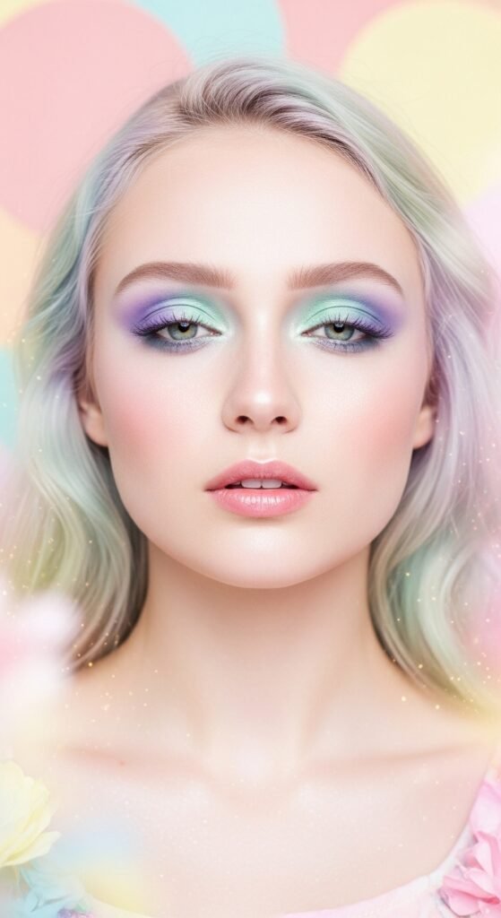 A breathtaking pale skin makeup editorial featuring a stunning fair-skinned woman with flawless porcelain complexion, soft rosy blush, ethereal highlight, subtle smokey eyes, and bold red lip surrounded by elegant makeup products on white marble, showcasing 20 pale skin makeup ideas as a complete guide to achieving flawless and radiant looks.