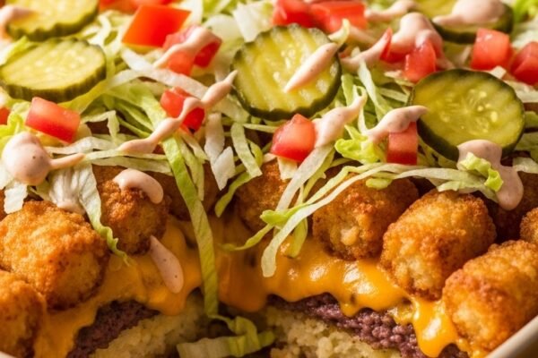 A breathtaking Big Mac tater tot casserole editorial featuring a golden bubbling casserole dish topped with crispy tater tots, melted cheddar cheese, fresh lettuce, diced tomatoes, pickles, and special sauce drizzle on a rustic wooden table, showcasing the ultimate guide to this irresistible comfort food mashup made in heaven.