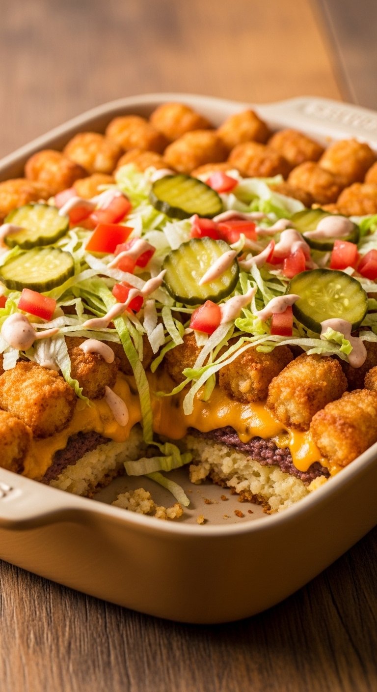 A breathtaking Big Mac tater tot casserole editorial featuring a golden bubbling casserole dish topped with crispy tater tots, melted cheddar cheese, fresh lettuce, diced tomatoes, pickles, and special sauce drizzle on a rustic wooden table, showcasing the ultimate guide to this irresistible comfort food mashup made in heaven.