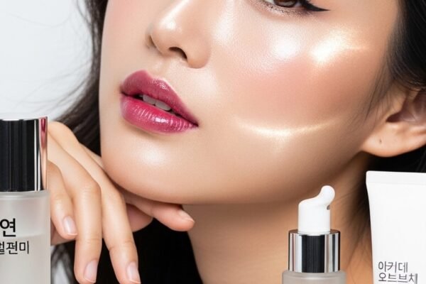 A breathtaking Korean makeup look editorial featuring a beautiful woman with flawless dewy glass skin, soft gradient lips, straight brows, puppy liner, and luminous K-beauty glow surrounded by elegant Korean beauty products, showcasing 20 Korean makeup look ideas as the ultimate guide to achieving the coveted K-beauty glow.