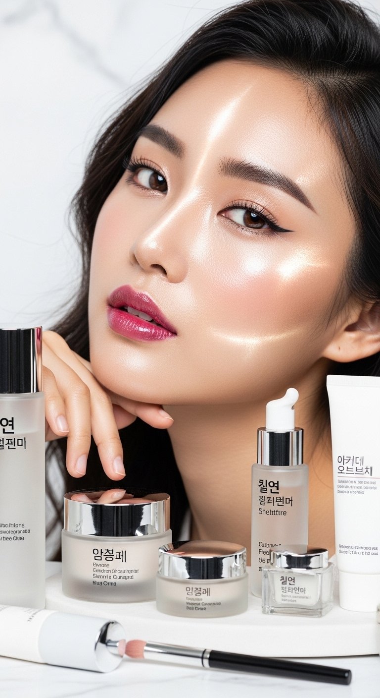 A breathtaking Korean makeup look editorial featuring a beautiful woman with flawless dewy glass skin, soft gradient lips, straight brows, puppy liner, and luminous K-beauty glow surrounded by elegant Korean beauty products, showcasing 20 Korean makeup look ideas as the ultimate guide to achieving the coveted K-beauty glow.