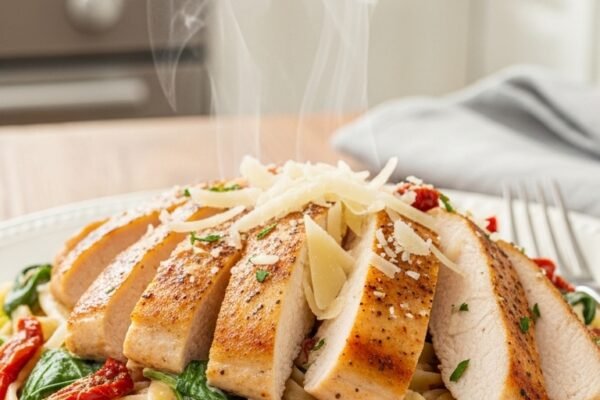 A breathtaking creamy Tuscan chicken pasta recipe editorial featuring a stunning bowl of golden pan-seared chicken over fettuccine in a rich velvety cream sauce with sun-dried tomatoes, wilted spinach, and freshly grated parmesan on a rustic Italian wooden table, showcasing the ultimate guide to making this comforting and irresistible creamy Tuscan chicken pasta recipe.