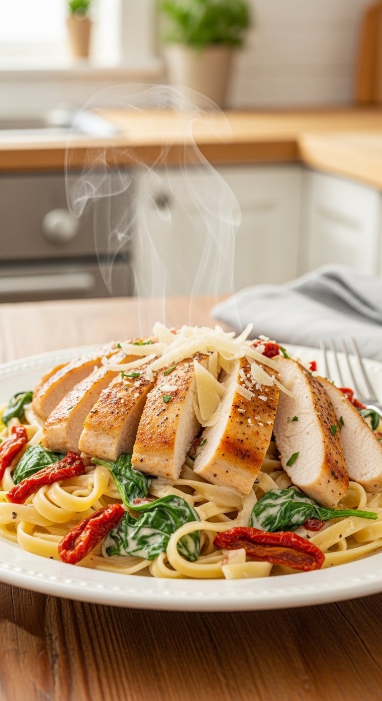 A breathtaking creamy Tuscan chicken pasta recipe editorial featuring a stunning bowl of golden pan-seared chicken over fettuccine in a rich velvety cream sauce with sun-dried tomatoes, wilted spinach, and freshly grated parmesan on a rustic Italian wooden table, showcasing the ultimate guide to making this comforting and irresistible creamy Tuscan chicken pasta recipe.