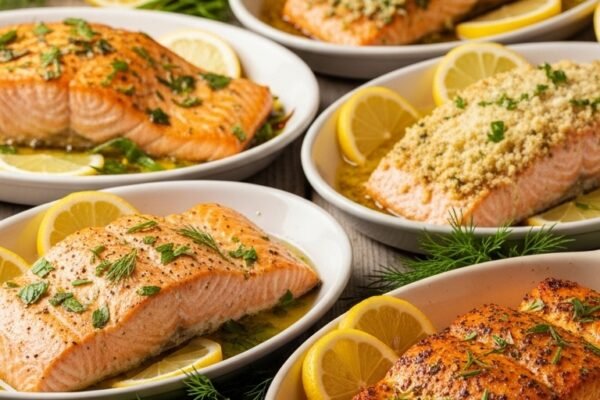 A breathtaking easy salmon recipes baked editorial featuring a stunning spread of golden baked salmon dishes including garlic butter, parmesan herb crusted, lemon pepper, and Mediterranean styles on a rustic wooden table with fresh lemon and dill, showcasing the ultimate guide to foolproof and flavorful easy baked salmon meals.
